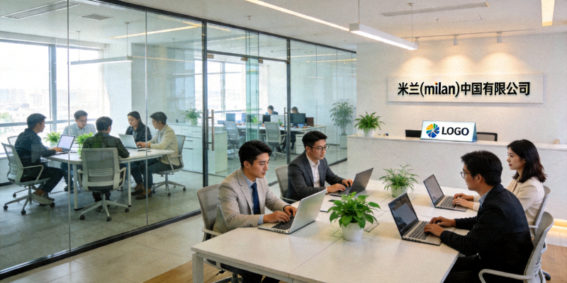 米兰·(milan)中国有限公司办公环境照片，展示现代化办公室、团队工作场景和品牌标识